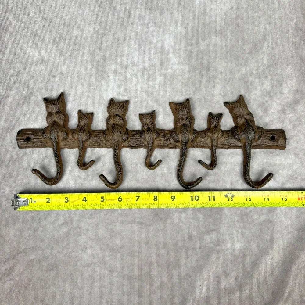Cast Iron Cat Tail Wall Hook Rack 7 Hooks Rustic Brown Metal Key Leash Holder